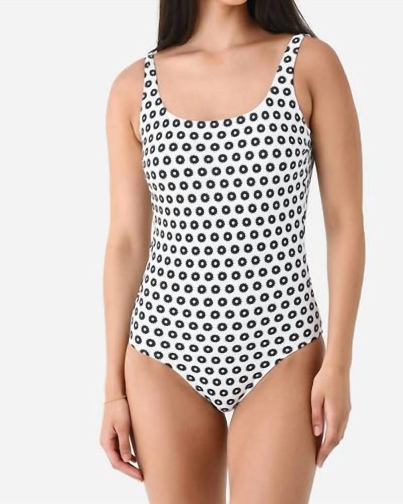 Front of a model wearing a size XL Printed Tank One Piece Swimsuit In Black/White in Black/White by TORY BURCH. | dia_product_style_image_id:358044